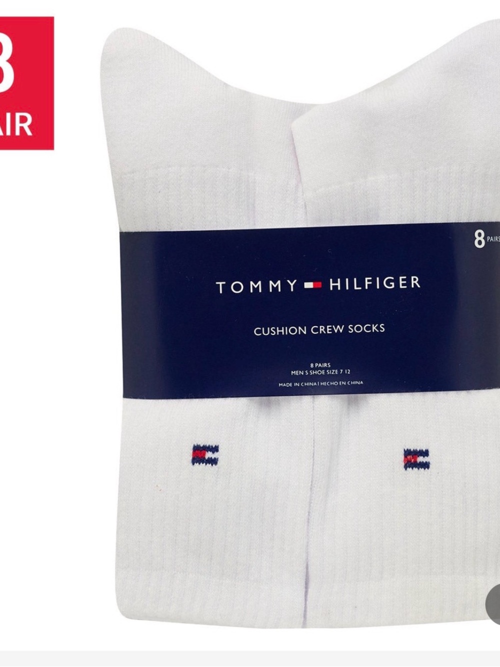 (6)Tommy Hilfiger White Crew Socks with Red & Blue Flag Accent - 8 Pack